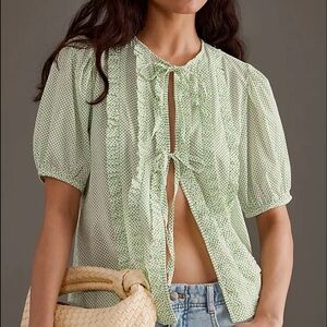 Damson Madder Light Green Dot Tie-Front Puff Sleeve Top